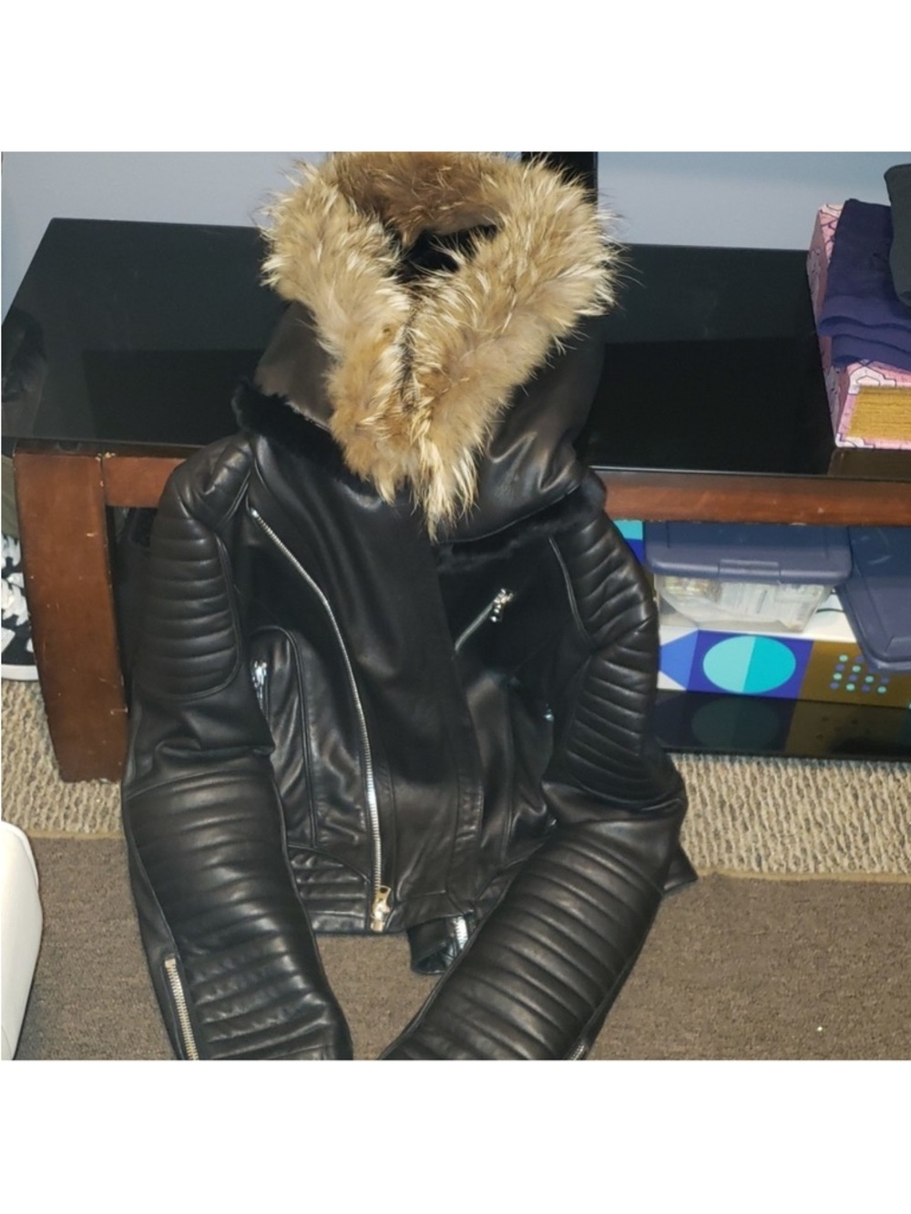 😎Beautiful Moto Biker country goose leather coat W Fox Fur Size XXL🖤
